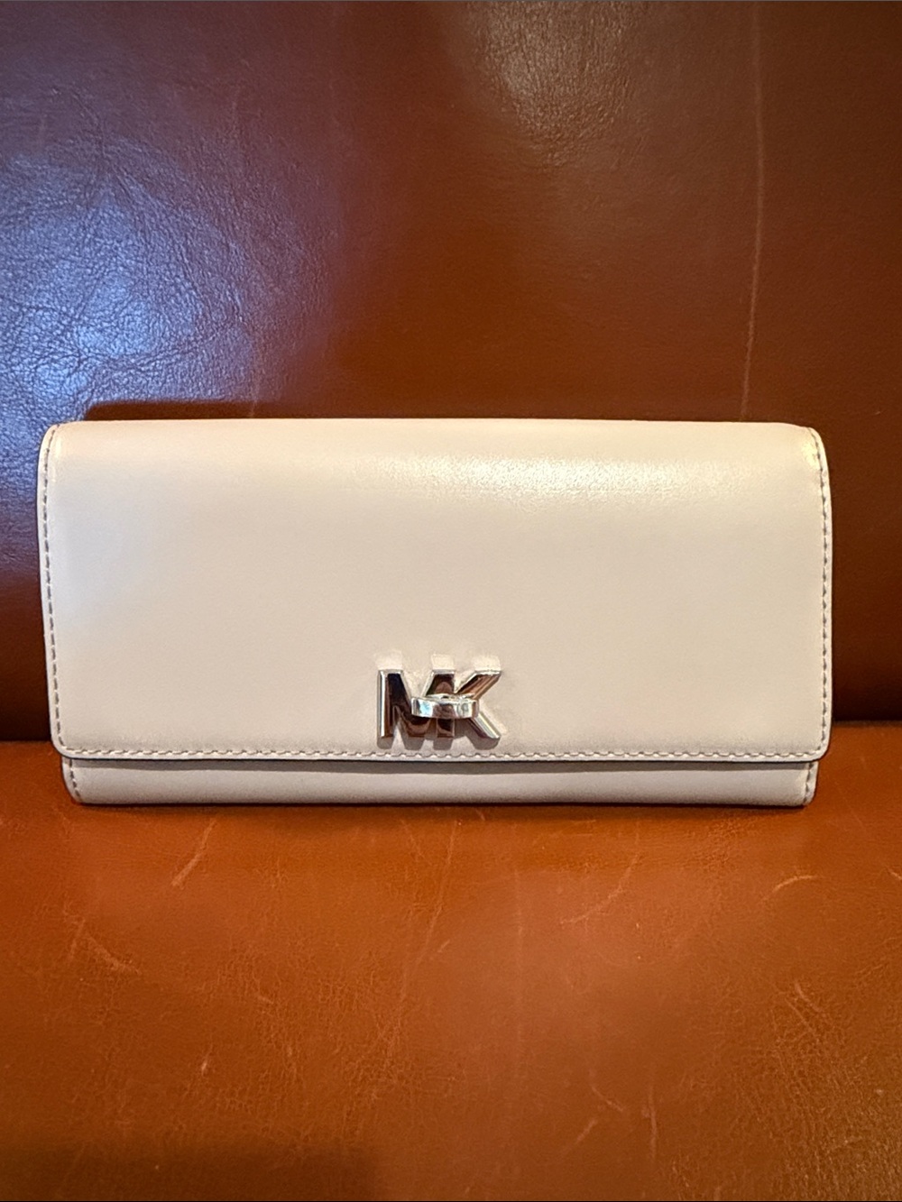 Michael Kors Cream Leather Trifold Wallet with Silver MK Logo